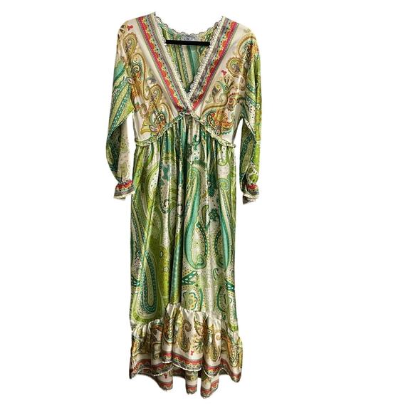 Anna Kay Lace Trim V Neck Satin Maxi Dress Green Multi Paisley Print Size Small? - Picture 1 of 8